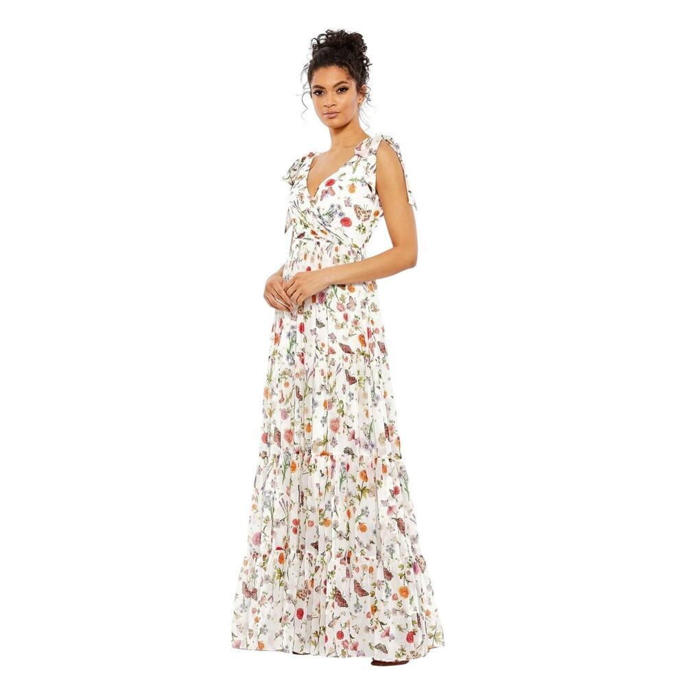 Mac Duggal 70198 Floral Butterfly Chiffon Tie Shoulder Maxi Dress Size 10 $398